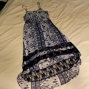 Sun dress hi low navy & white paisley print with lace